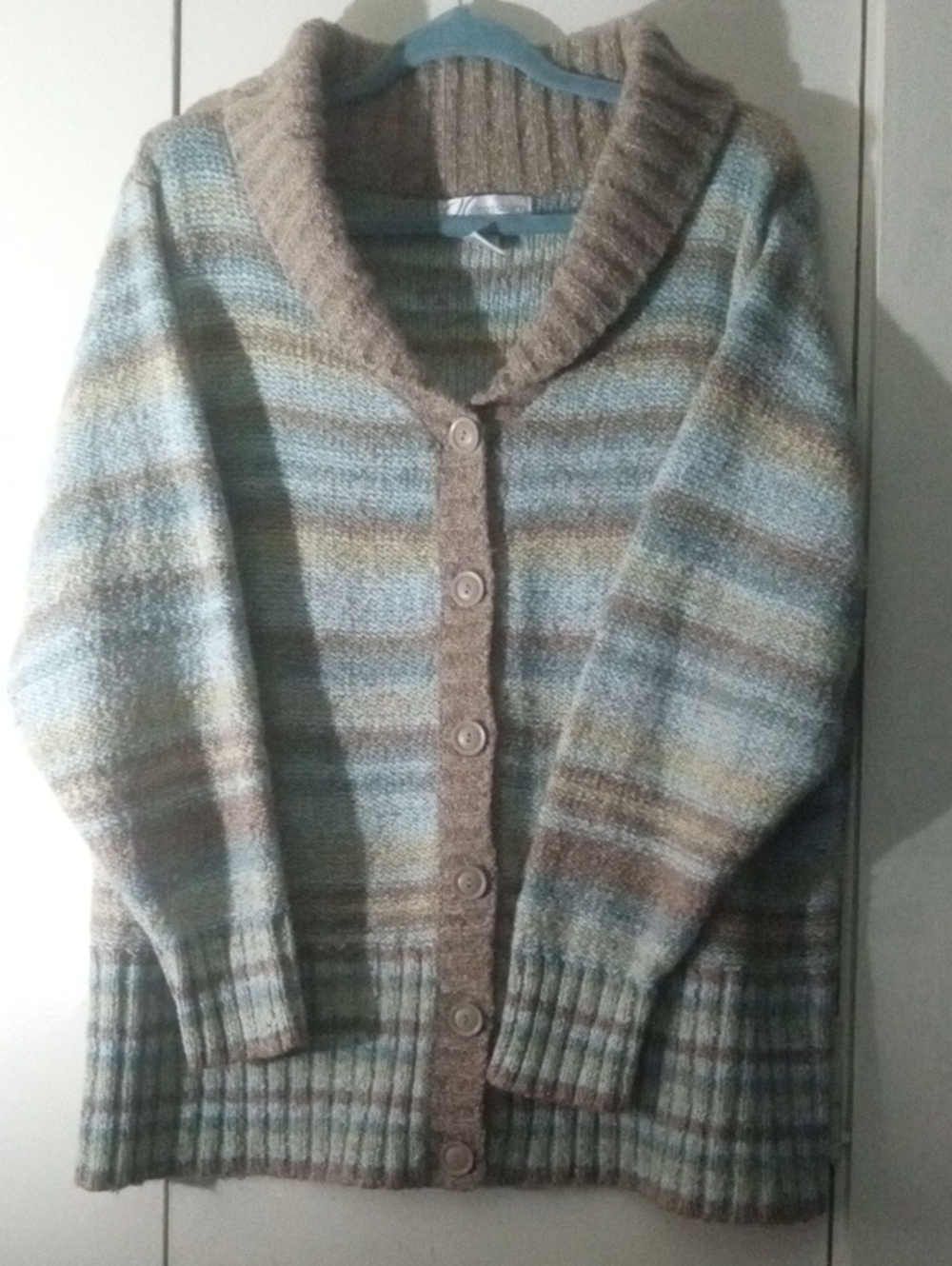 Dress Barn Woman Striped Shawl-Collar Cardigan Soft Blue Brown and Cream 18-20